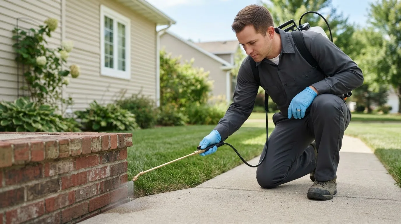 Pest control technician treating a home near De Graff, OH
